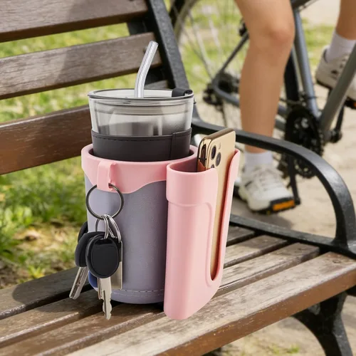 Miniatura 9 de Portavasos para bicicleta 3 en 1 con gancho para llaves de teléfono celular, soporte universal para botella de agua para caminante/silla de rosa gris