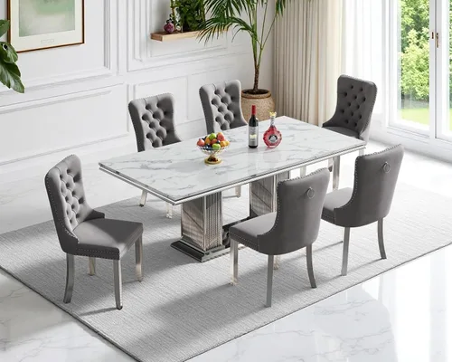 Miniatura 94 de Moderno juego de mesa de comedor de mármol sintético de 68.11 pulgadas para 6, mesa de comedor de mármol blanco y plateado con 6 sillas de Blanco