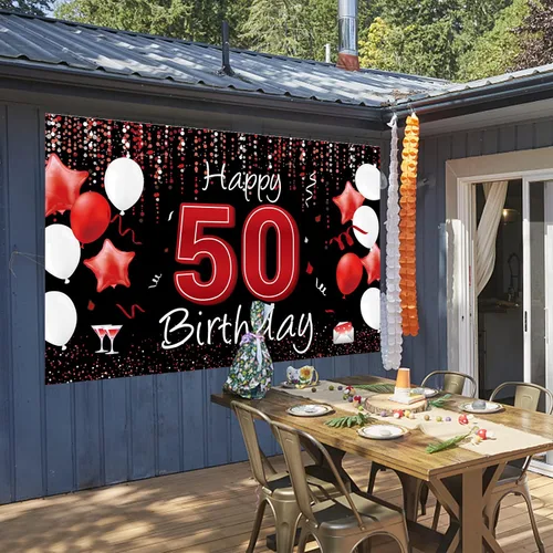 Miniatura 5 de Cartel de feliz cumpleaños 50 para patio, pancarta de cumpleaños número 50 en negro y rojo, decoración para mujeres y hombres, fondo grande de 50