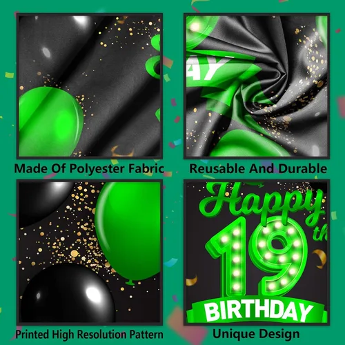 Miniatura 4 de Cartel de feliz cumpleaños 19 color verde y negro, decoración temática de globos de confeti para niñas y mujeres de 19 años, suministros