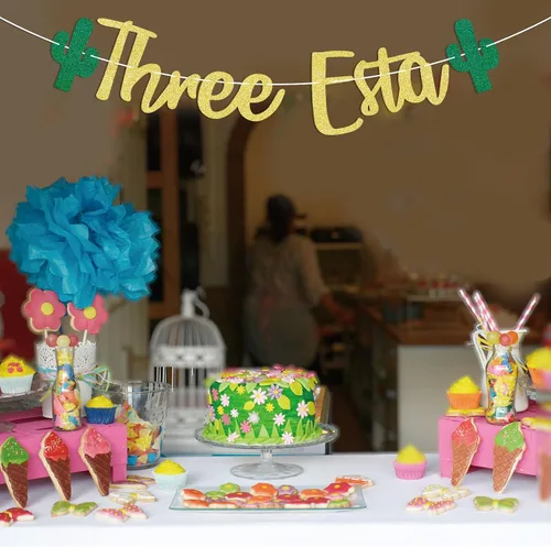 Miniatura 6 de Cartel de tres Esta con purpurina dorada, decoración de fiesta de tercer cumpleaños, decoración de fiesta mexicana temática de tercer cumpleaños