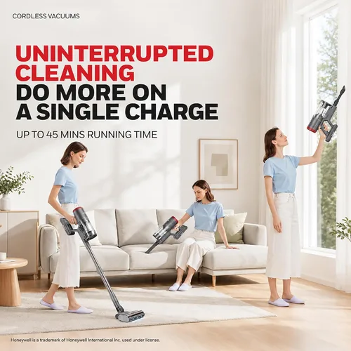 Miniatura 2 de Honeywell Aspiradora inalámbrica de modo dual, aspiradora de palo sin escobillas para alfombras y suelos duros con potente succión, de pie