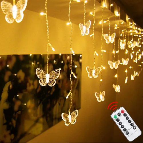 Miniatura 13 de Luces de cortina de mariposas, 13 pies, 96 luces LED USB, luces de hadas para ventana, 16 mariposas, 8 modos, luces de luciérnaga, centelleo, Blanco
