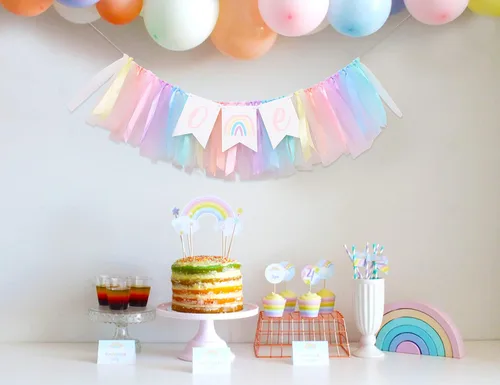 Miniatura 5 de Cartel para silla alta de arcoíris pastel, cartel de tul y cinta para silla de bebé de primer cumpleaños, decoraciones de arcoíris