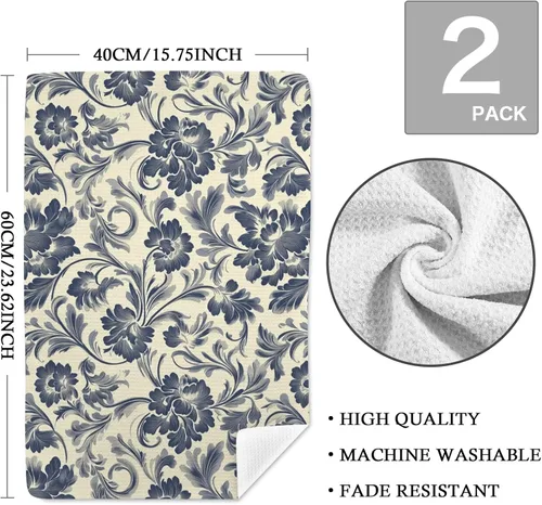 Miniatura 3 de Juego de 2 paños de cocina con pintura gris retro con estampado de flores grises, toallas absorbentes para cocina de Pascua, toalla de mano lavable