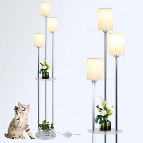 Miniatura 14 de Lámpara de pie bohemia con estantes, lámpara de pie alta de granja de 3 luces con interruptor de pie de encendido/apagado, lámparas de pie modernas
