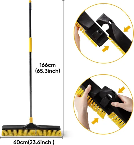 Miniatura 3 de Yocada Cepillo de escoba de empuje de 24 pulgadas, mango largo de 65.3 pulgadas, cerdas rígidas de alta resistencia, escoba comercial al aire libre