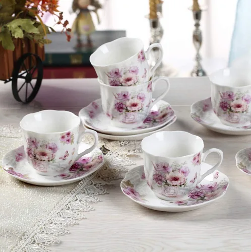 Miniatura 6 de GuangYang Juego de 6 tazas de té y platillos de porcelana de 7 onzas, patrón floral morado