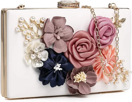 Embrague floral para mujer, bolso de mano floral con flores en 3D, bolso de mano con rosas y flores, para boda y noche