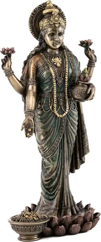 Miniatura 4 de Top Collection Lakshmi Estatua en plataforma de loto, escultura de diosa de la riqueza, la prosperidad, la sabiduría y la fortuna en bronce fundido