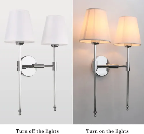 Miniatura 6 de PERMO Lámpara de pared doble clásica cromada 2 luces con pantalla de tela blanca acampanada para montaje en pared rústico