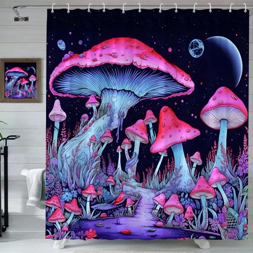 Miniatura 2 de Cortina de ducha de hongos de fantasía, hongos abstractos de ensueño, espacio exterior morado, arbustos altos, luna llena, cielo estrellado, planeta