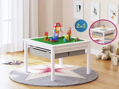 Miniatura 4 de UTEX Juego de mesa de actividades de construcción 2 en 1 de madera para niños y 2 sillas con cajones de almacenamiento, y placa integrada compatible