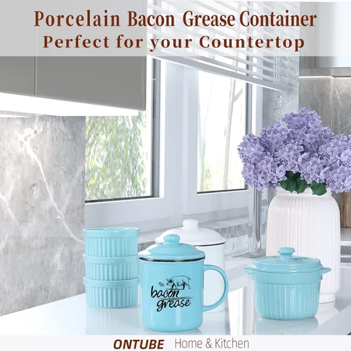 Miniatura 5 de ONTUBE Contenedor de grasa de tocino de cerámica con colador, recipiente de almacenamiento de aceite de cocina, protector de grasa para cocina