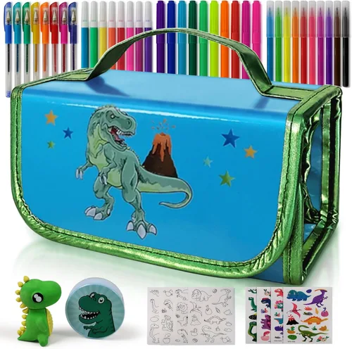 NUMI'SMILE Estuche de lápices de dinosaurio con marcadores perfumados con sabor a fruta, juego de arte, regalos de dinosaurio para niños de 3, 4, 5,