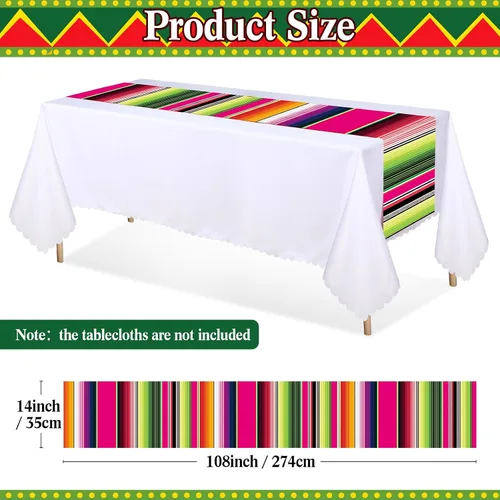 Miniatura 3 de Preboun 6 piezas de camino de mesa mexicano de plástico Dia De Los Muertos Serape Camino de mesa 14 x 108 Fiesta mexicana colorido a rayas para Rosa