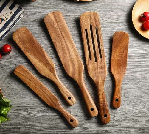 Miniatura 3 de Juego de 5 utensilios de cocina de teca natural, resistentes al calor, antiadherentes, con agujero para colgar, espátula ranurada para agitar