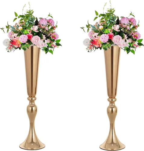 Centros de mesa dorados para mesa de boda, 2 piezas de 21.9 pulgadas de alto, jarrón de trompeta de metal versátil para mesa, soporte de flores para