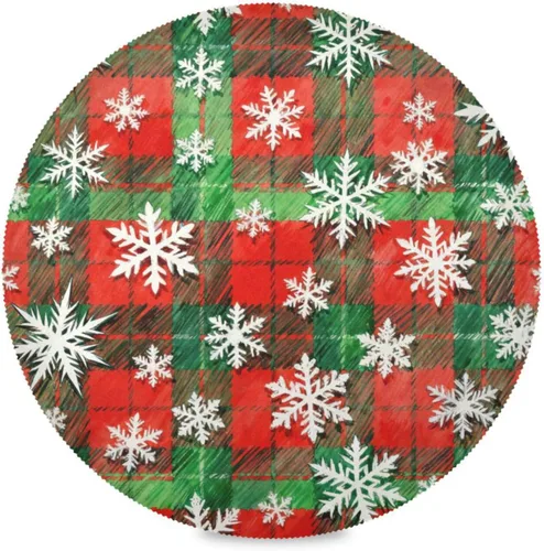 Manteles individuales redondos de tela con patrón de copos de nieve blancos con patrón de cuadros rojos y verdes de Feliz Navidad, 15 x 15 pulgadas