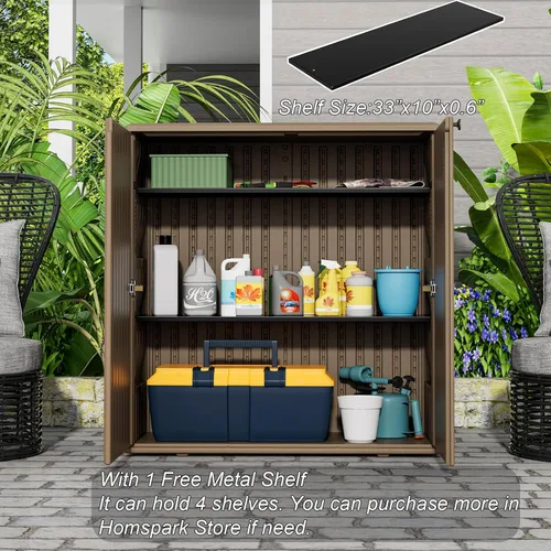 Miniatura 5 de HOMSPARK Armario de almacenamiento para interiores y exteriores con puertas y estante, caja de almacenamiento de plástico HDPE de 34 x 16 x 36 Marrón