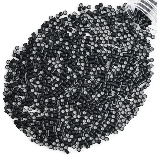 Miniatura 10 de Vlasy 100 Piezas Cuentas de Nano Anillo con Forro de Silicona para Extensiones de Cabello Humano con Nano Anillo 5 Colores Opcionales (Negro)
