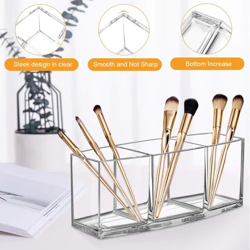 Miniatura 4 de Organizador de brochas de maquillaje transparente, organizador de brochas de maquillaje acrílico de alta calidad, 3 compartimentos, soporte