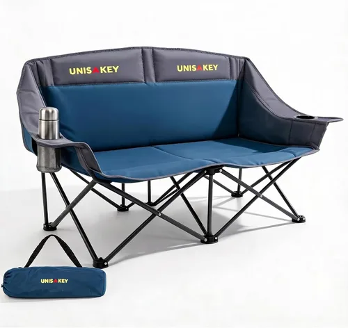 Unisakey Silla de campamento doble, sofá biplaza acolchado de gran tamaño, silla plegable resistente de 650 libras con portavasos y bolsa de