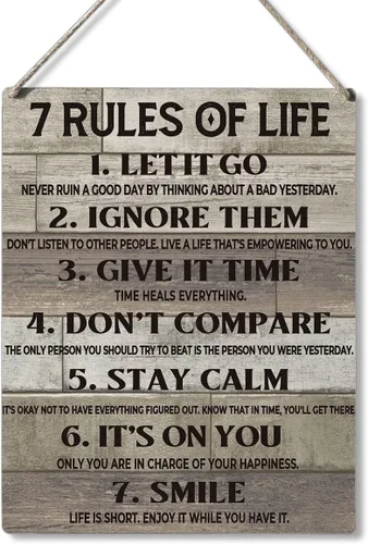 Qious Letreros de Regalo Inspiradores 7 Reglas de la Vida Déjalo Ir Ignóralos Dale Tiempo No Compares Mantente Tranquilo Letrero Colgante de Madera