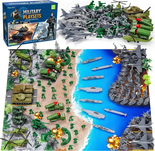Kusntin Army Men Conjunto de Juego – Juego de soldados de juguete militar de 117 piezas con figuras de acción, tapete de batalla, tanques,