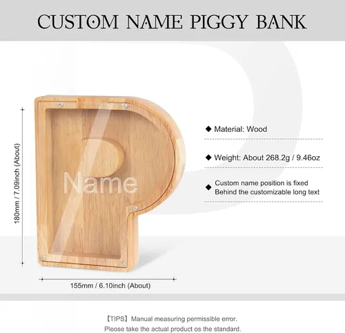 Miniatura 3 de Wooden Piggy Bank Personalized 26 English Alphabet Letter Coin Bank Custom Money Box Wooden Piggy Bank Gift for Kids Christmas Birthday Gift Home