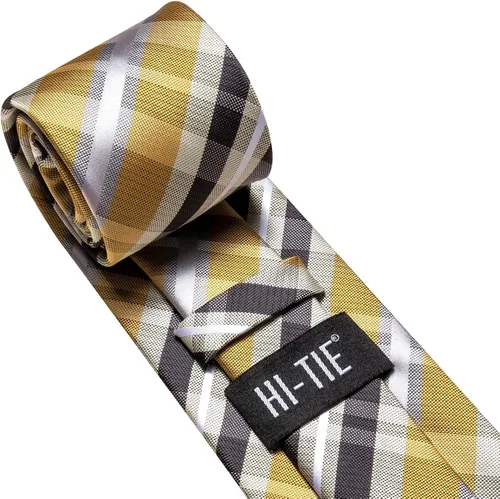 Miniatura 308 de Hi-Tie Corbata clásica de cachemira para hombre con pañuelo y gemelos a cuadros