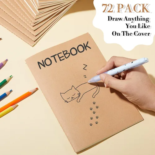 Miniatura 5 de Paquete de 72 cuadernos de papel kraft de 5.5 x 8.3 pulgadas, cuadernos A5 a granel de tapa blanda a rayas para niños, estudiantes, escritura, Marrón