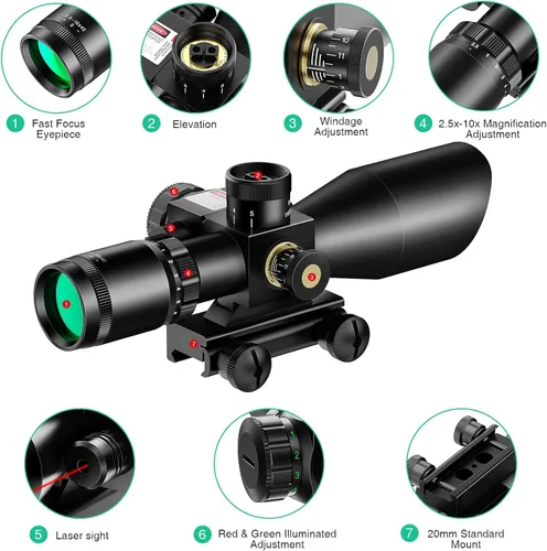Miniatura 2 de MidTen 2.5 – 10 x 40 Visor de alcance iluminado con retícula Mil-dot rojo y verde, con láser rojo/verde, lente color verde y soportes