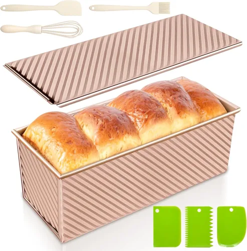 Miniatura 9 de Paquete de 2 moldes para pan con tapas, capacidad de masa de 1 libra, molde para pan Pullman de acero al carbono antiadherente para sándwich casero