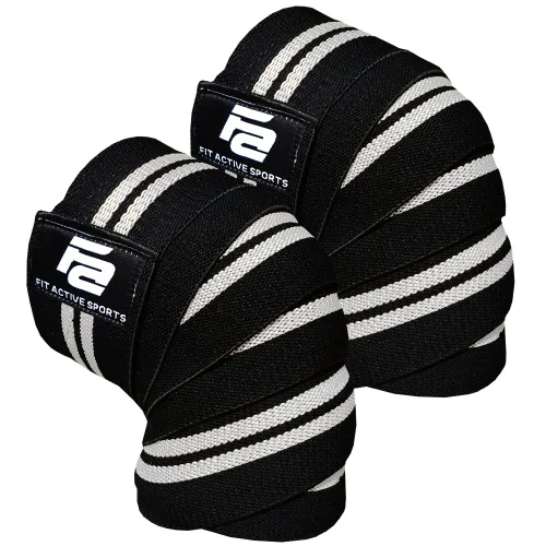 Fit Active Sports Rodilleras para levantamiento de pesas, correas elásticas de soporte de rodilla de 72 pulgadas con cierre de gancho y bucle Blanco