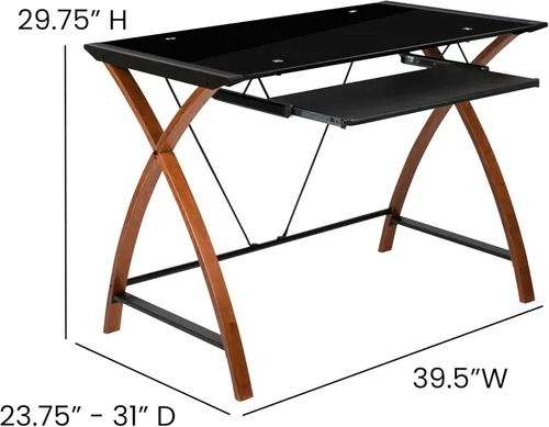 Miniatura 3 de Flash Furniture Jude - Escritorio para computadora de cristal negro con bandeja extraíble para teclado y marco entrecruzado