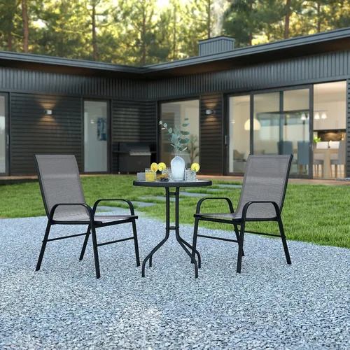 Miniatura 2 de Flash Furniture Brazos - Juego de comedor para patio al aire libre de 3 piezas, 2 sillas apilables flexibles color gris, mesa redonda de vidrio