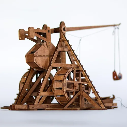 Miniatura 9 de Mini contrapeso Trebuchet con ruedas Europa Medieval Siege Carro Catapulta Armas DIY 3D Rompecabezas de madera Kits de modelos mecánicos Proyectos