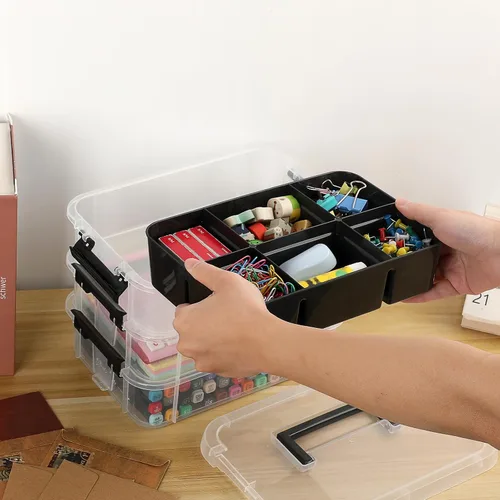 Miniatura 7 de JUXYES Paquete de 2 Cajas de Almacenamiento Apilables y Portátiles de 3 Niveles con Bandeja Dividida, Contenedor de Almacenamiento Apilable