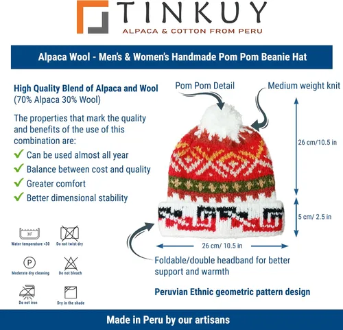 Miniatura 4 de TINKUY PERU - Gorro de invierno de lana de alpaca, hecho a mano, unisex, talla única