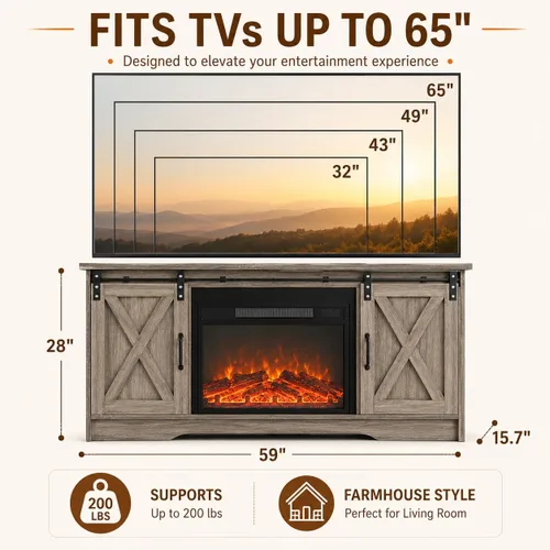 Miniatura 5 de 4 EVER WINNER - Centro de entretenimiento con chimenea para TV de 65 pulgadas, puerta corrediza de granero, soporte de TV de estilo rústico con Gris