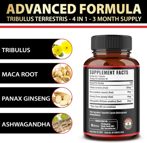 Miniatura 4 de Zolotus Cápsulas Premium de Tribulus Terrestris - Combinadas con Ashwagandha, Panax Ginseng y Maca - 90 Unidades para 3 Meses