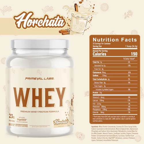 Miniatura 2 de Primeval Labs Pure Whey Protein Concentrate Crecimiento muscular y recuperación Fórmula fácil de mezclar Horchata 20 porciones