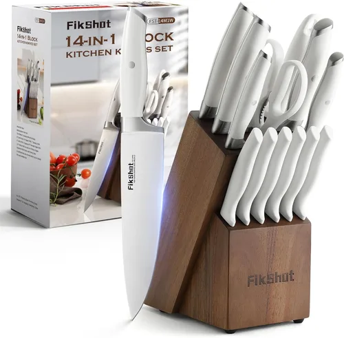 FikShot - Juego de cuchillos con afilador, juego de cuchillos de 14 piezas con bloque, elegantes cuchillos de cocina blancos para damas, acero