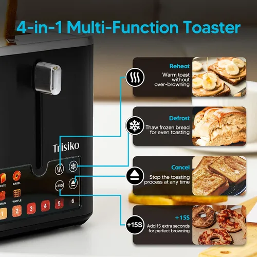 Miniatura 5 de Trisiko® Tostadora de pantalla táctil de 2 rebanadas, tostadora inteligente con temporizador digital, ranuras extra anchas de 1.38 pulgadas para pan
