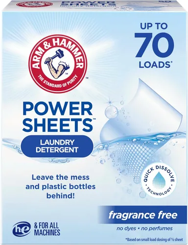 ARM & HAMMER Power Sheets - Detergente para ropa, sin fragancia, sin tintes ni perfumes, ligero y apto para viajes, 35 unidades, hasta 70 cargas