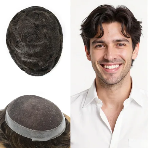 Miniatura 126 de Toupee para hombres Sistema de reemplazo de cabello humano real pieza de cabello humano para hombres encaje suizo para hombre Toupee Hair Pieces