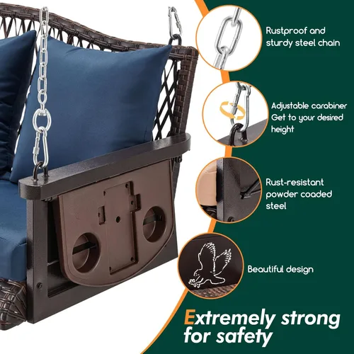 Miniatura 5 de ZZW Columpio colgante de mimbre mejorado para porche, resistente de 900 libras, 3 asientos, para patio, para adultos, con cadenas colgantes de 8.9
