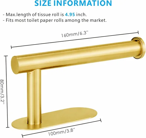 Miniatura 5 de Soporte para papel higiénico autoadhesivo, sin taladrar para baño, baño, baño, soporte de pared, acero inoxidable (dorado)