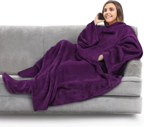 Miniatura 16 de PAVILIA Manta de forro polar con mangas, bolsillos para los pies para mujeres, hombres y adultos, manta de felpa para llevar, cálida manta